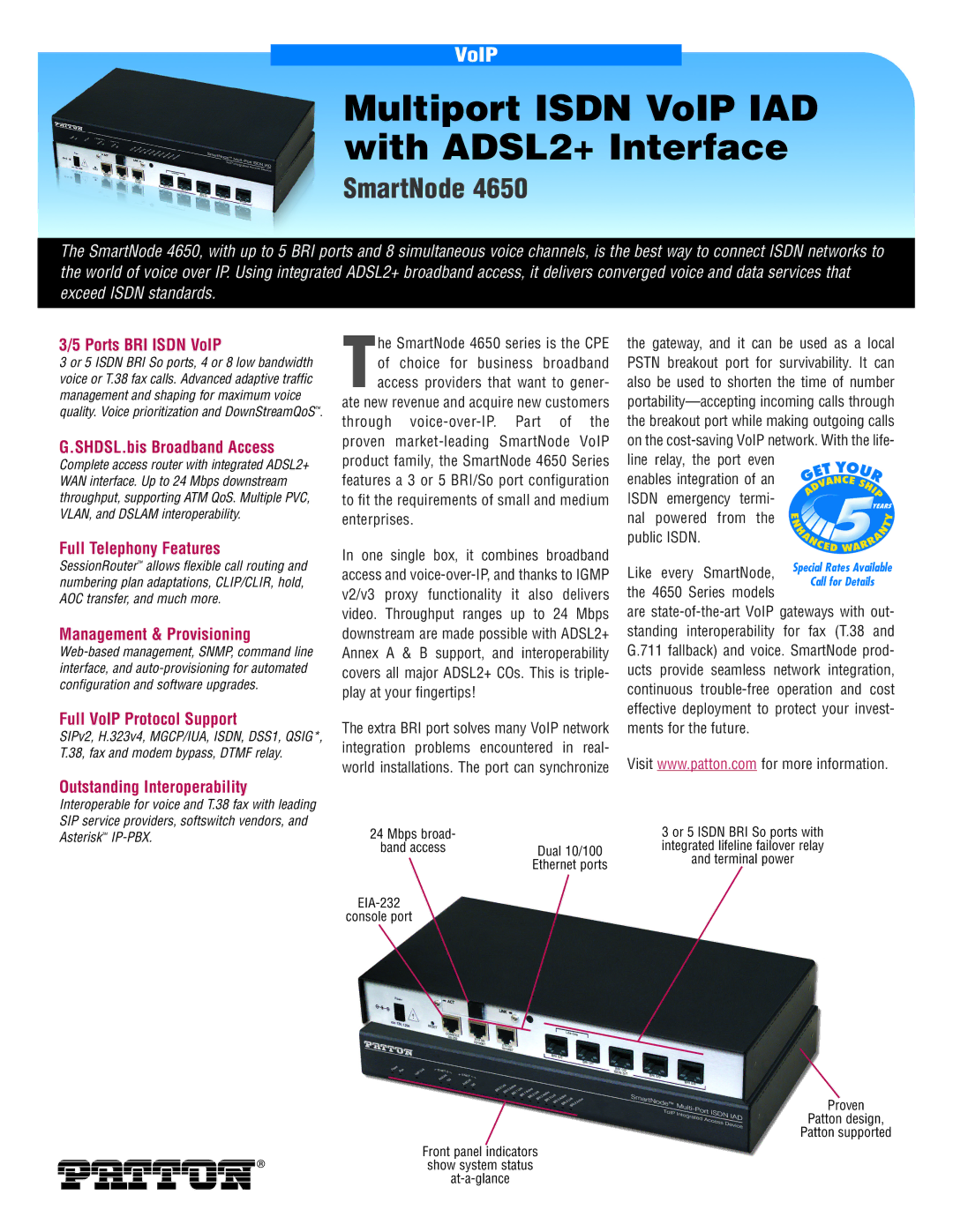 Patton electronic 4650 manual Ports BRI Isdn VoIP, SHDSL.bis Broadband Access, Full Telephony Features 