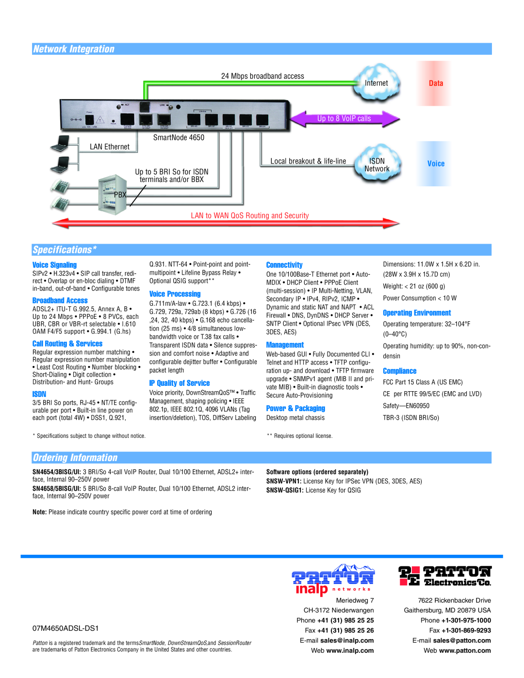 Patton electronic 4650 manual Network Integration, Specifications, Ordering Information 