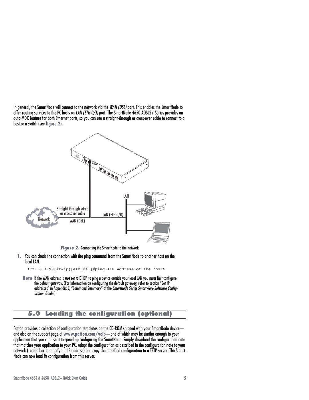 Patton electronic 4654 Series, 4658 Series Loading the conﬁguration optional, Connecting the SmartNode to the network 