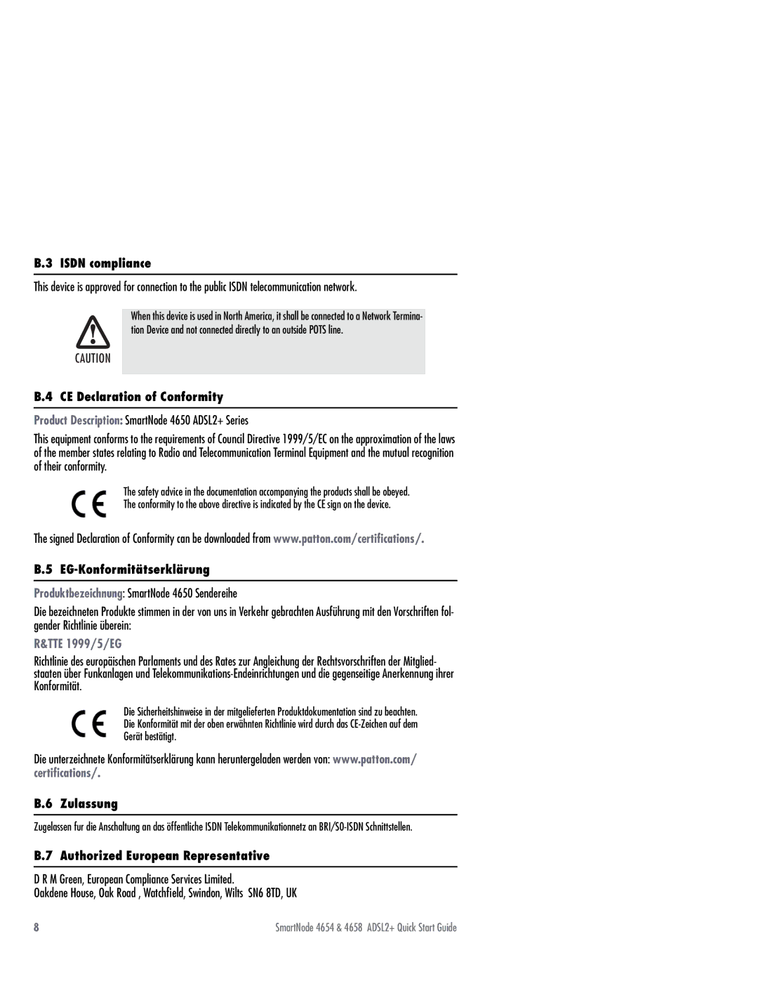 Patton electronic 4658 Series Isdn compliance, CE Declaration of Conformity, EG-Konformitätserklärung, Zulassung 