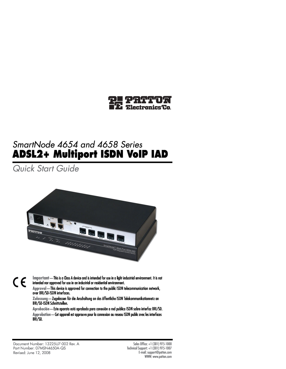 Patton electronic 4654 Series quick start ADSL2+ Multiport ISDN VoIP IAD, SmartNode 4654 and 4658 Series 