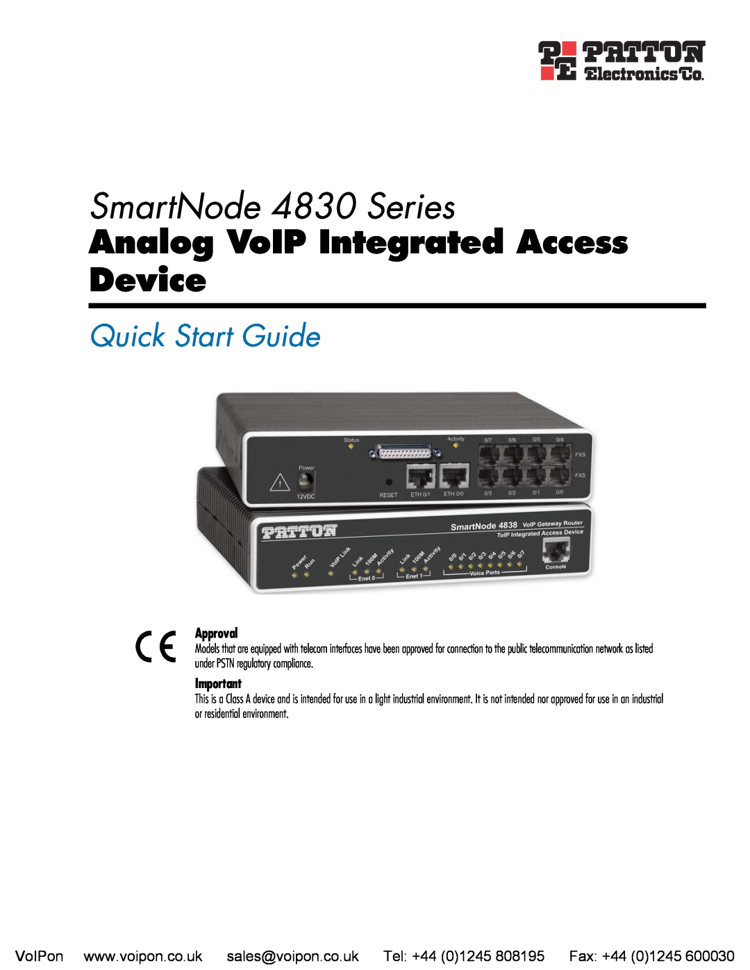 Patton electronic quick start SmartNode 4830 Series, Analog VoIP Integrated Access Device, Quick Start Guide, Approval 