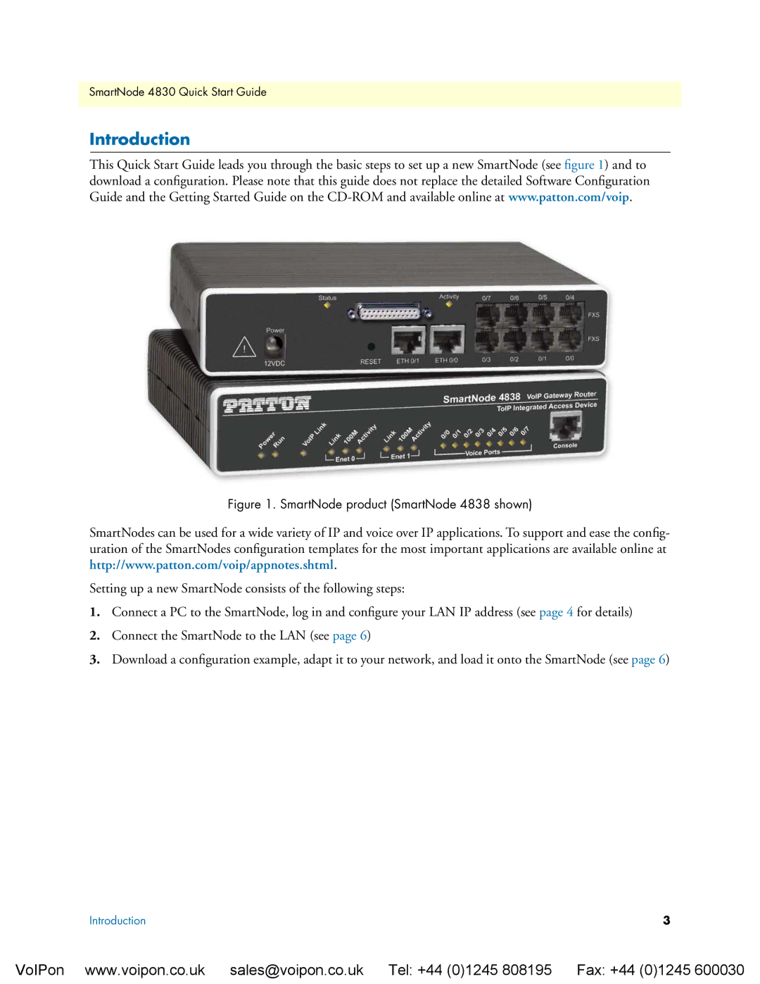 Patton electronic 4830 Series quick start Introduction, SmartNode product SmartNode 4838 shown 