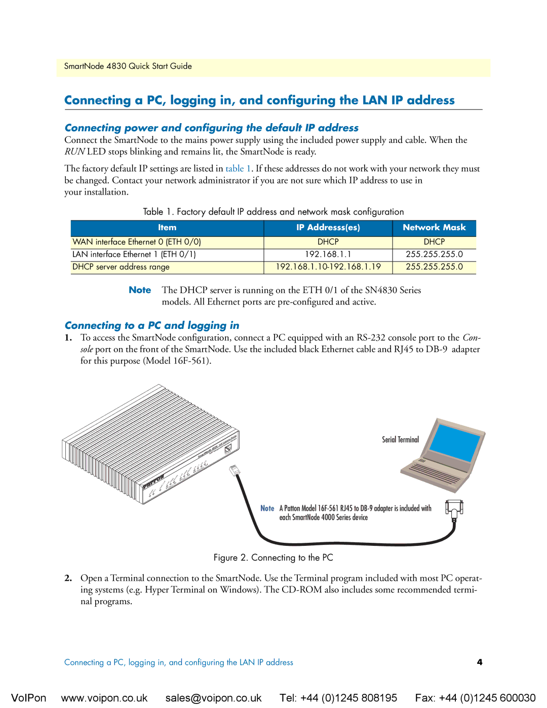 Patton electronic 4830 Series Connecting power and conﬁguring the default IP address, Connecting to a PC and logging 