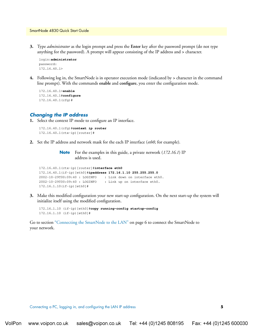 Patton electronic 4830 Series quick start Changing the IP address, 172.16.40.1if-ipeth0#ipaddress 172.16.1.10 