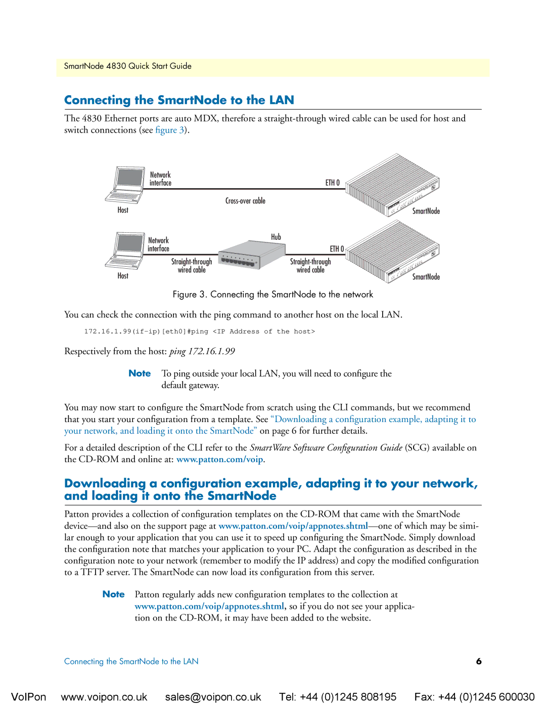 Patton electronic 4830 Series quick start Connecting the SmartNode to the LAN, Eth 