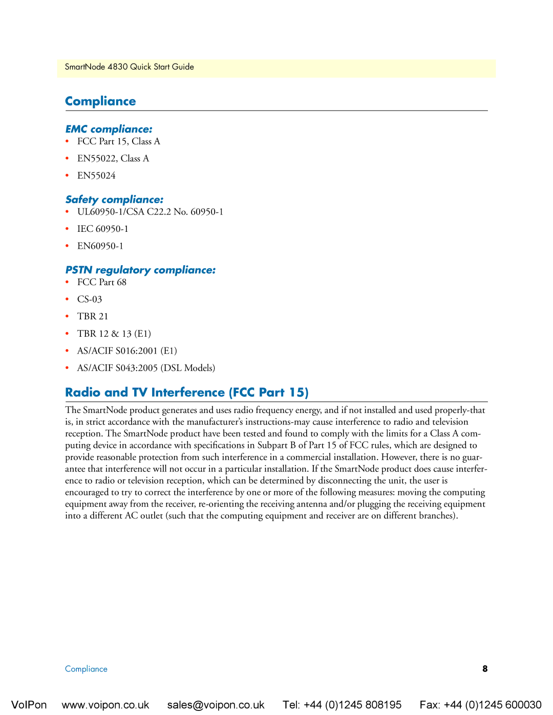 Patton electronic 4830 Series quick start Compliance, Radio and TV Interference FCC Part, EMC compliance, Safety compliance 