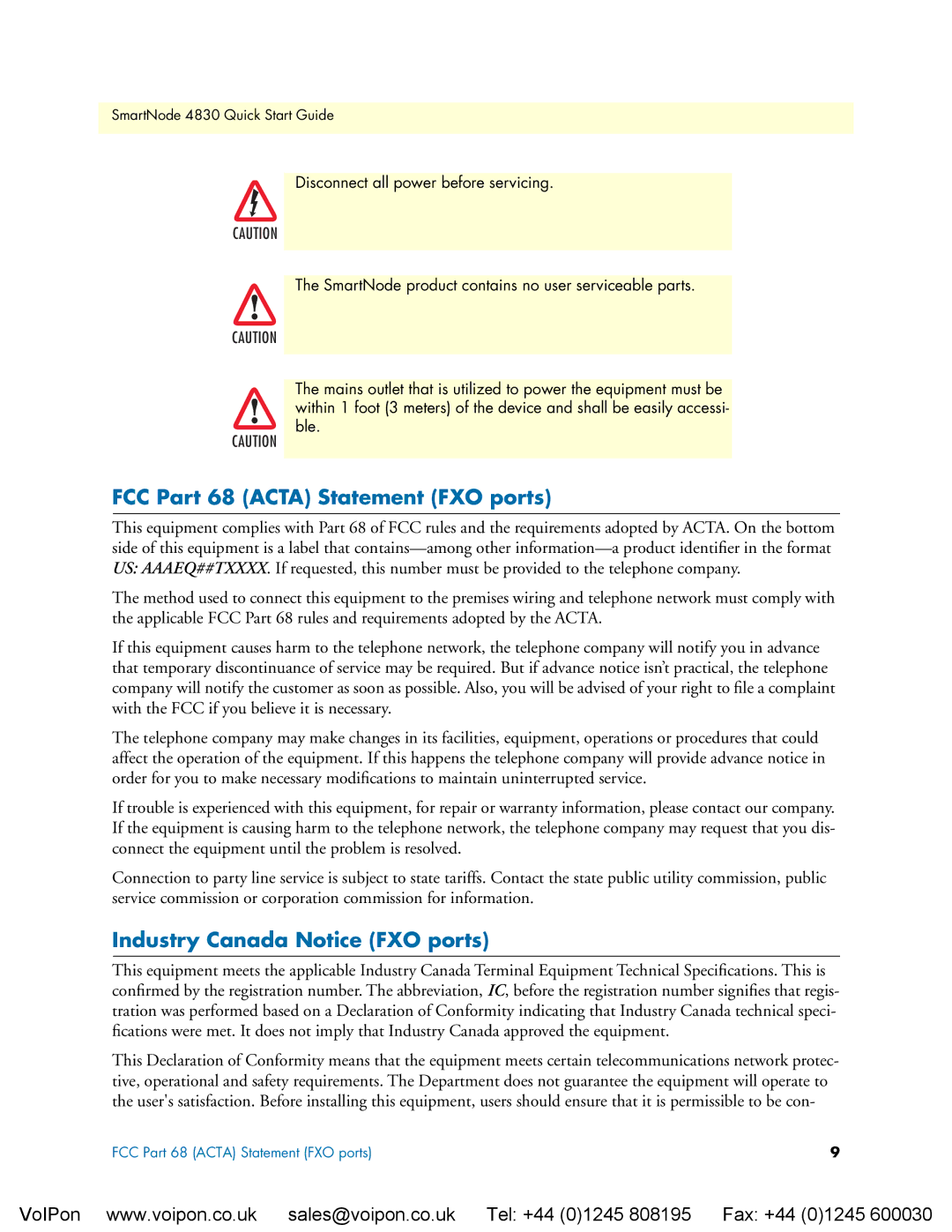 Patton electronic 4830 Series quick start FCC Part 68 Acta Statement FXO ports, Industry Canada Notice FXO ports 