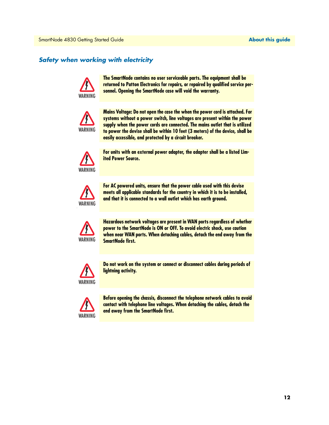 Patton electronic 4830 manual Safety when working with electricity 