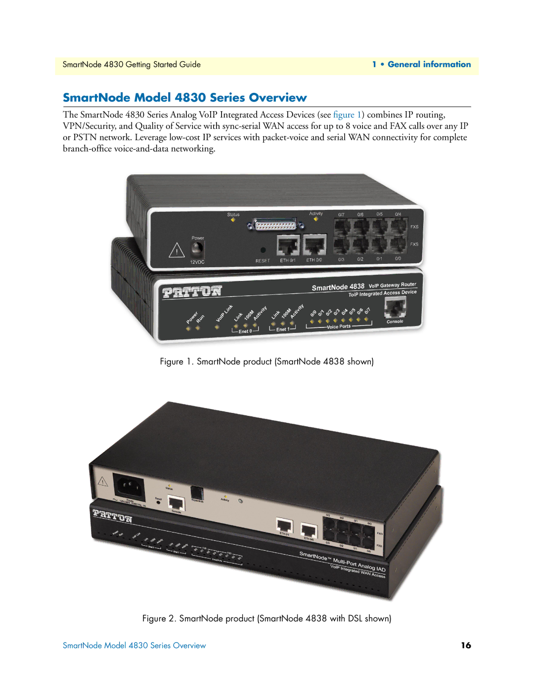 Patton electronic manual SmartNode Model 4830 Series Overview, SmartNode product SmartNode 4838 shown 