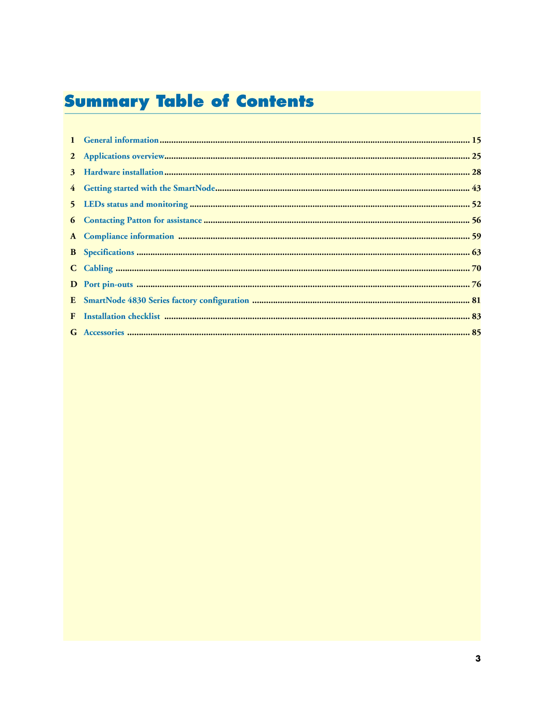 Patton electronic 4830 manual Summary Table of Contents 