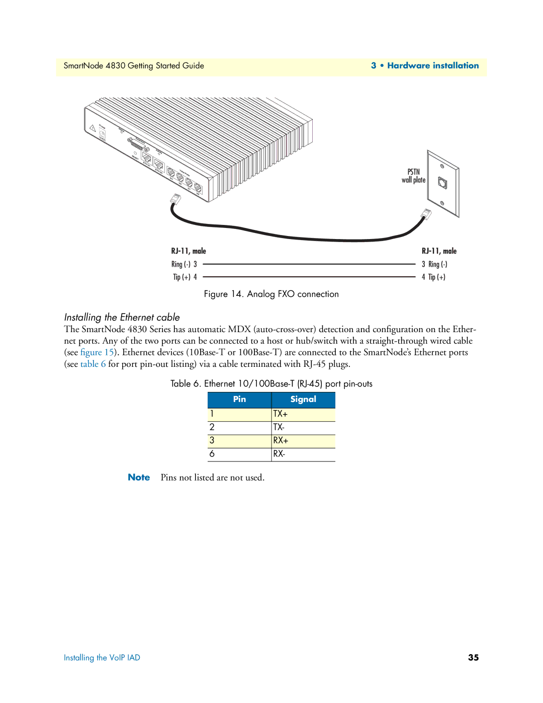 Patton electronic 4830 manual Installing the Ethernet cable 