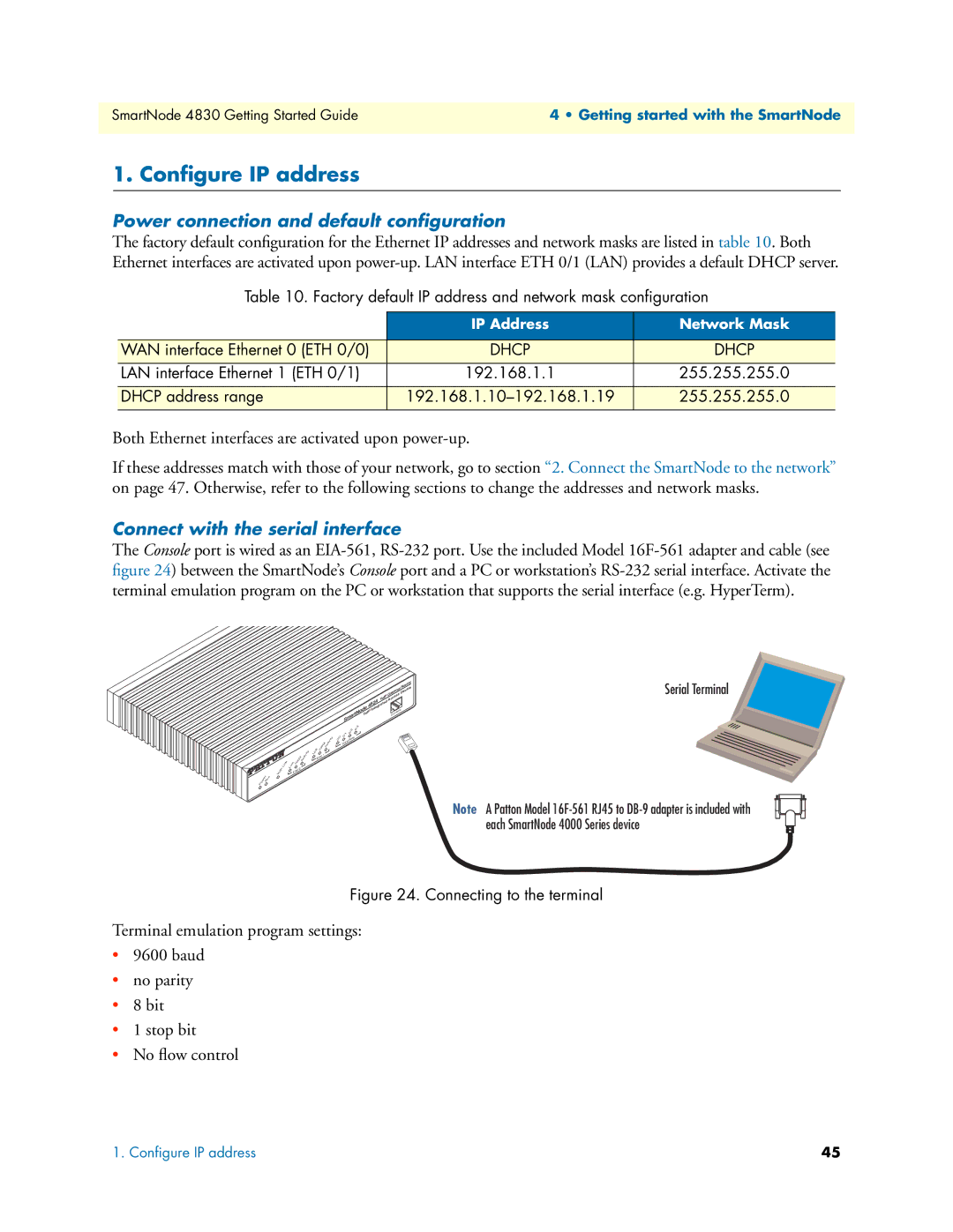 Patton electronic 4830 Conﬁgure IP address, Power connection and default conﬁguration, Connect with the serial interface 