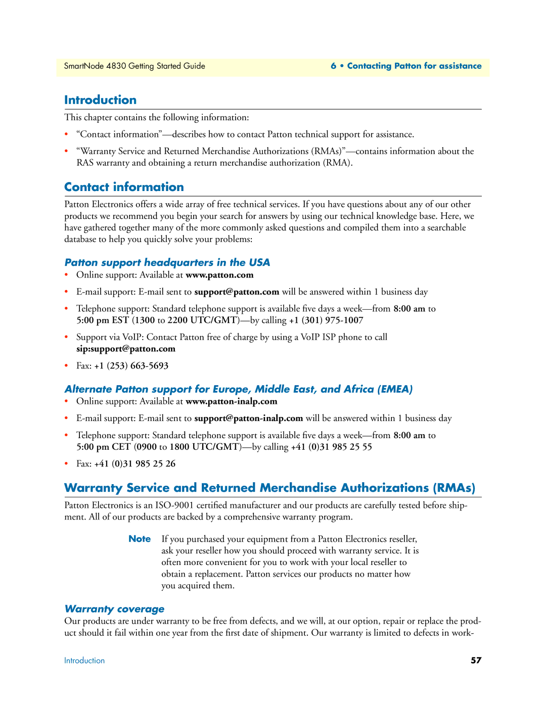 Patton electronic 4830 manual Contact information, Patton support headquarters in the USA, Warranty coverage 