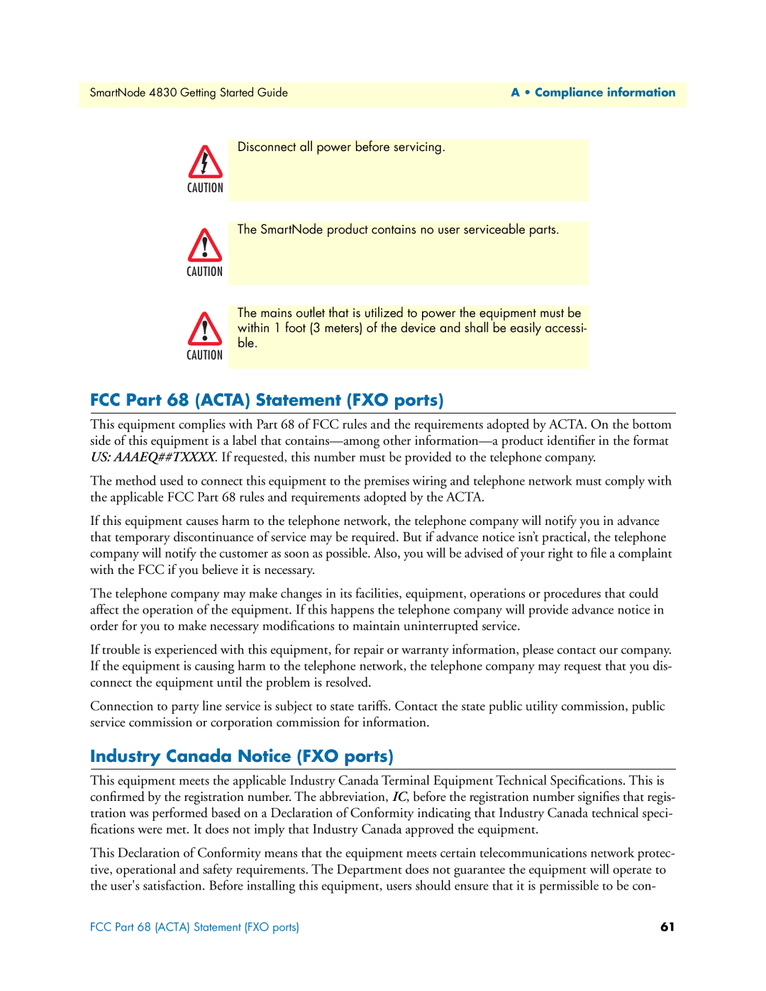 Patton electronic 4830 manual FCC Part 68 Acta Statement FXO ports, Industry Canada Notice FXO ports 