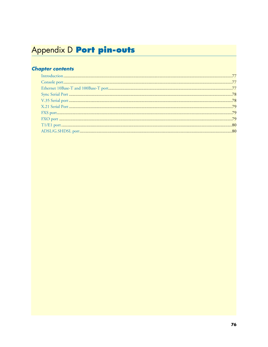 Patton electronic 4830 manual Appendix D Port pin-outs, Chapter contents 