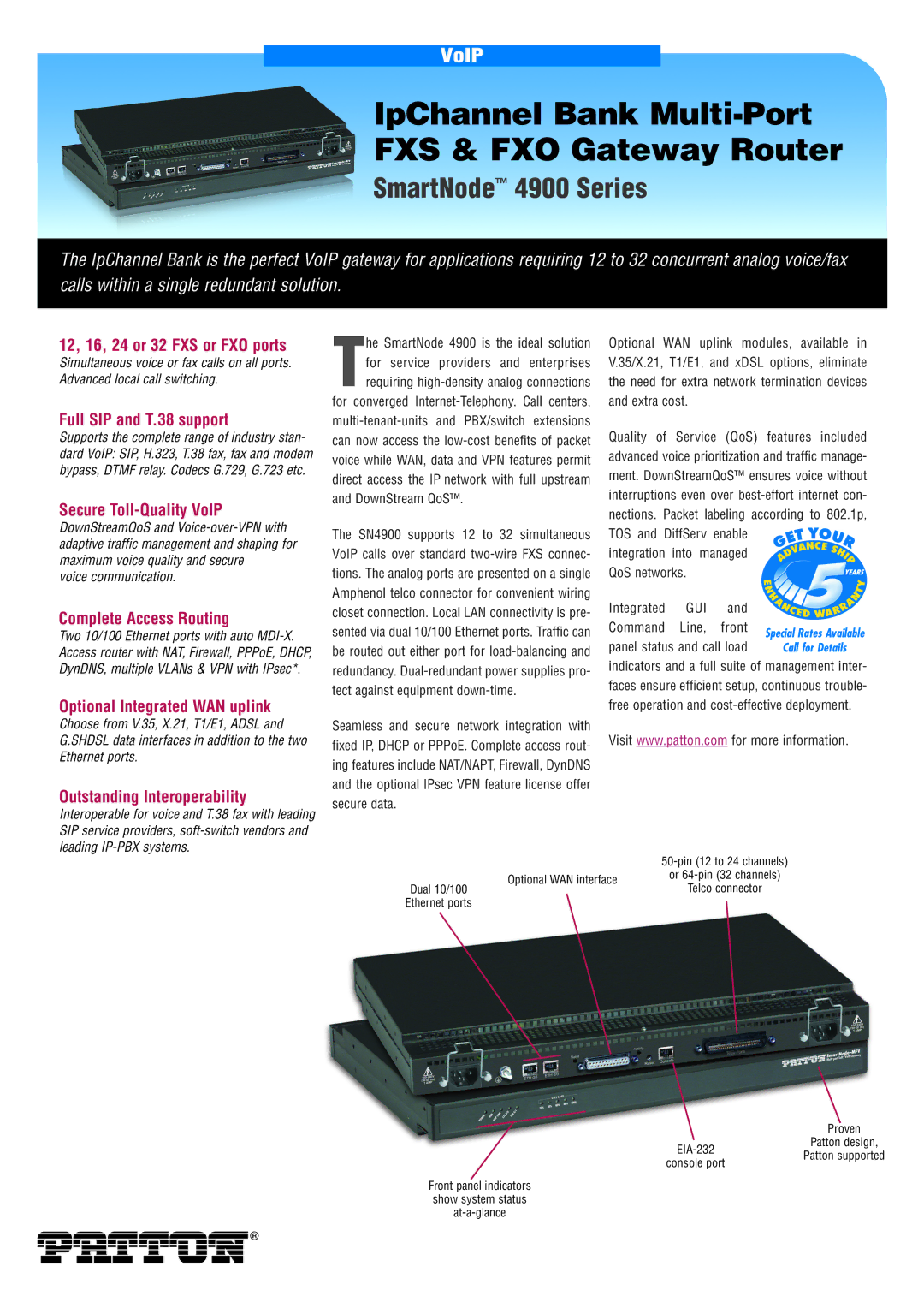 Patton electronic 4900 Series manual 12, 16, 24 or 32 FXS or FXO ports, Full SIP and T.38 support, Complete Access Routing 