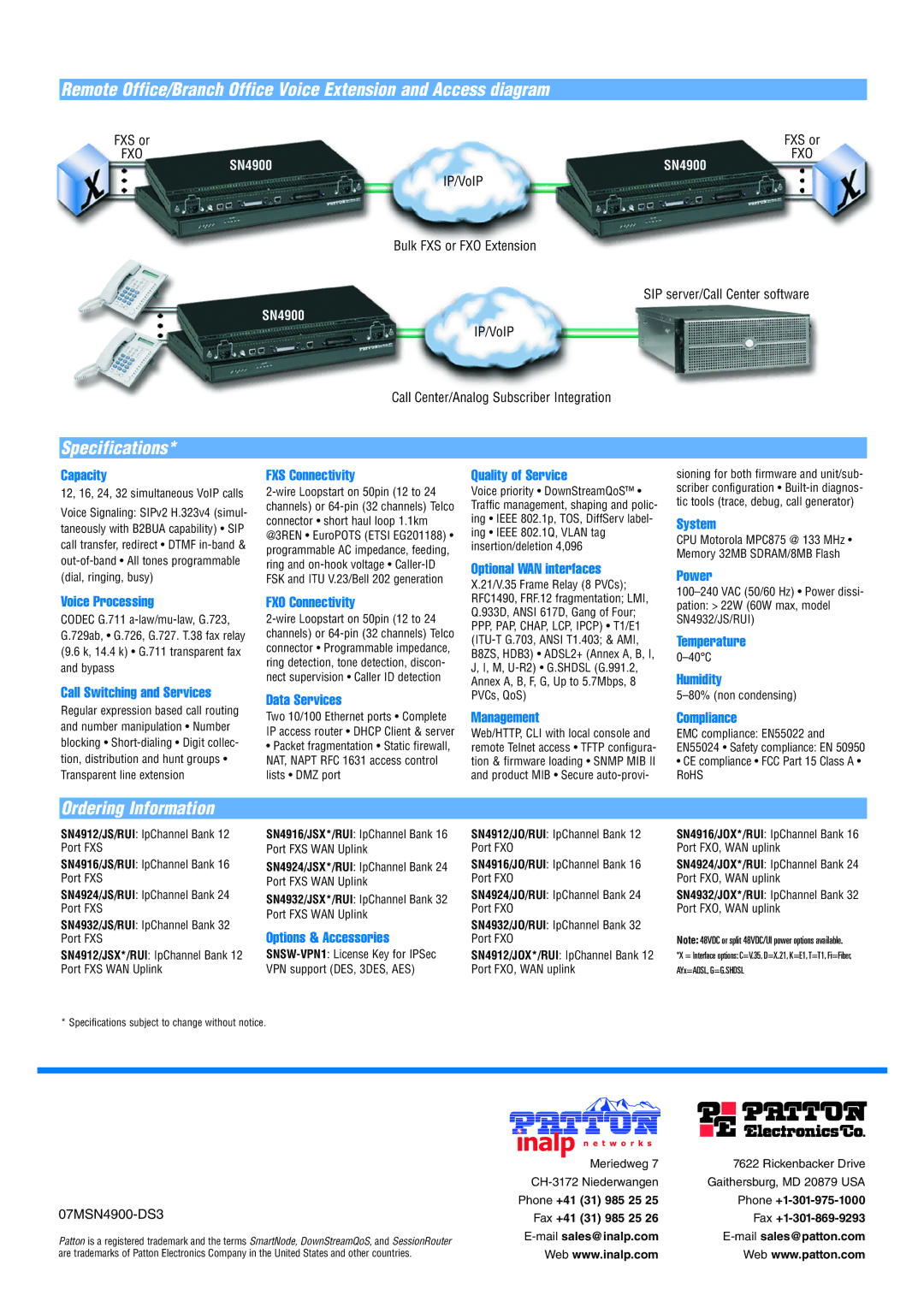 Patton electronic 4900 Series Capacity, Voice Processing, Call Switching and Services, FXS Connectivity, FXO Connectivity 