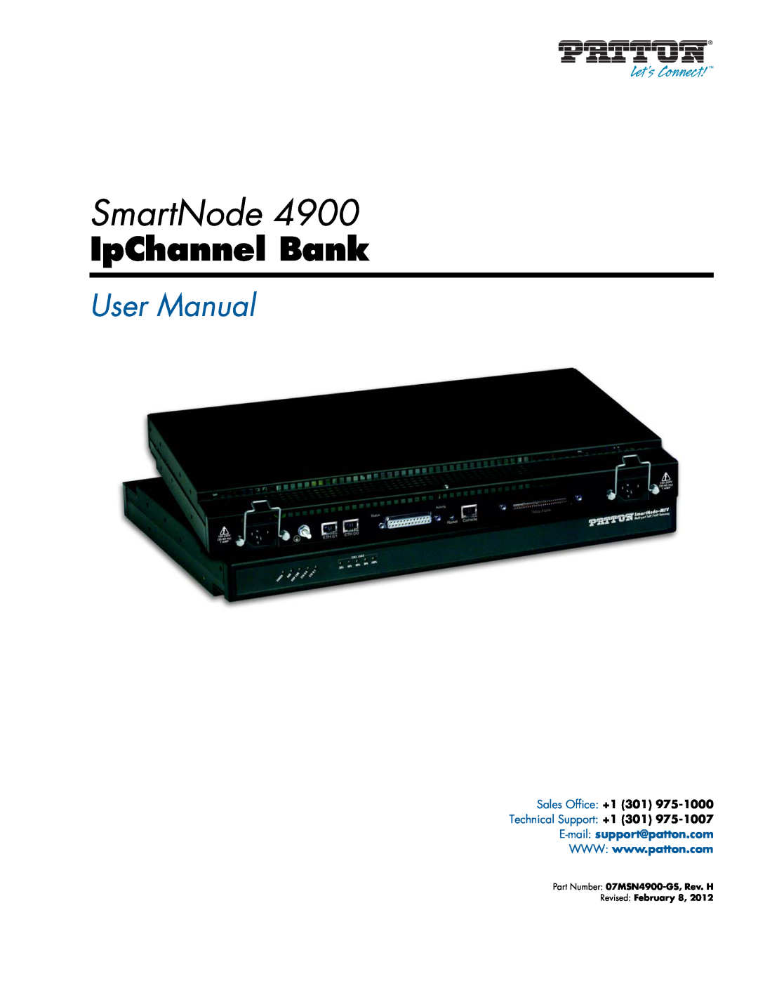 Patton electronic 4900 user manual SmartNode, IpChannel Bank, User Manual, Sales Office +1 301, Technical Support +1 301 