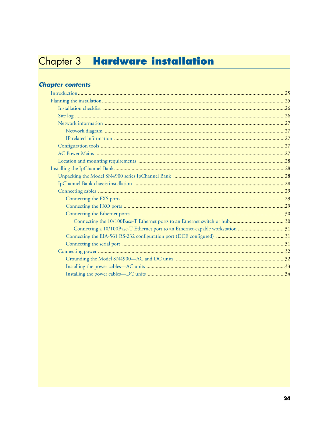 Patton electronic 4900 user manual Hardware installation, Chapter contents 
