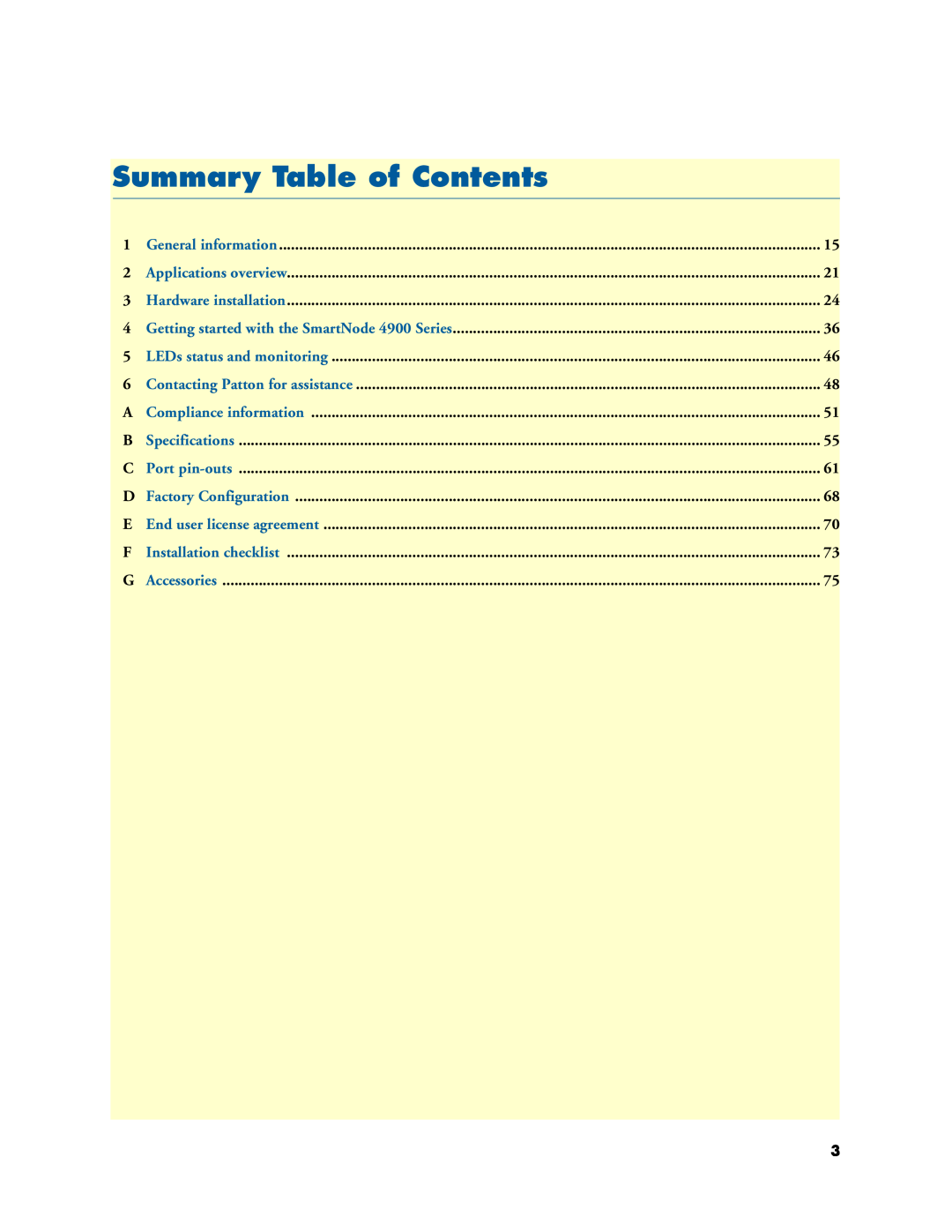 Patton electronic 4900 user manual Summary Table of Contents 
