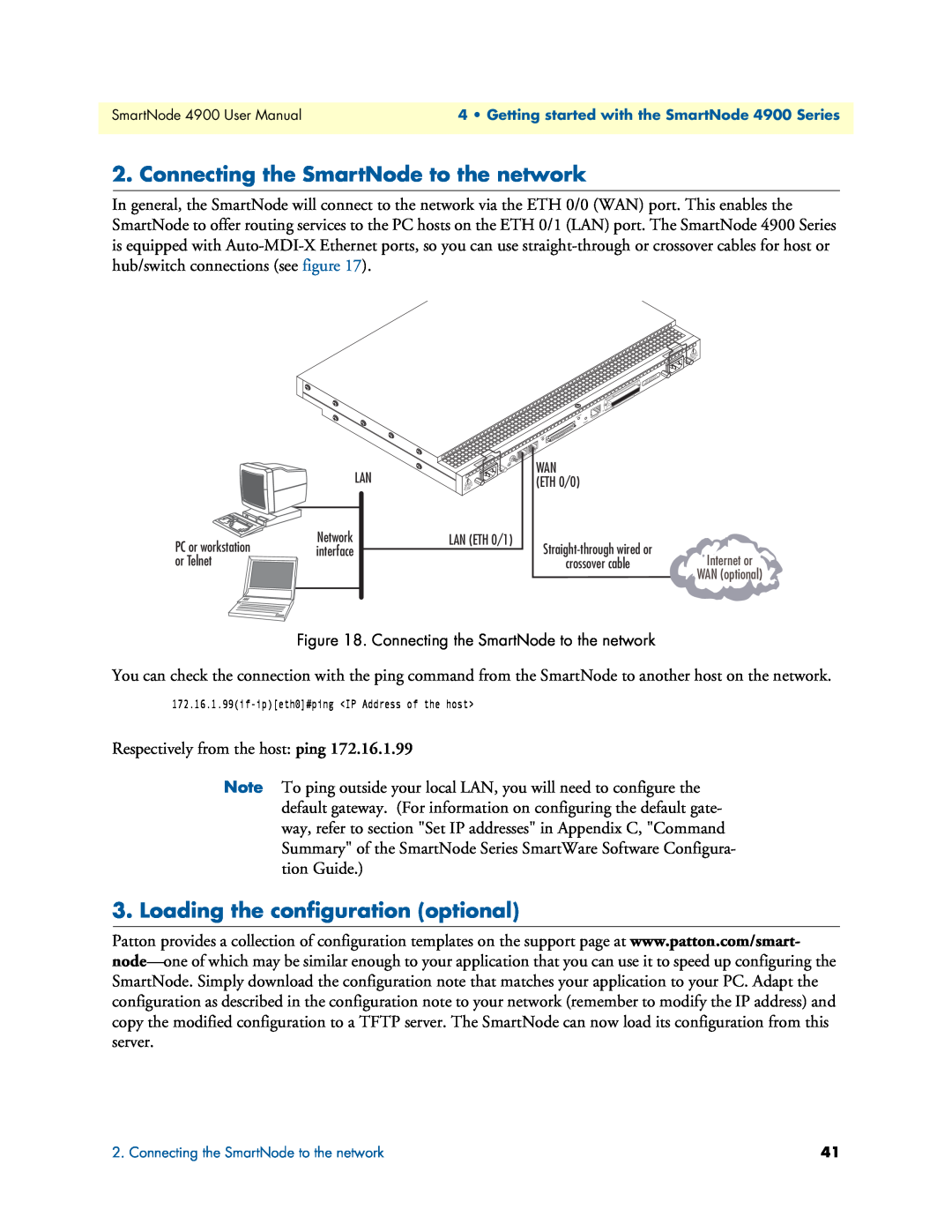 Patton electronic 4900 user manual Connecting the SmartNode to the network, Loading the configuration optional 
