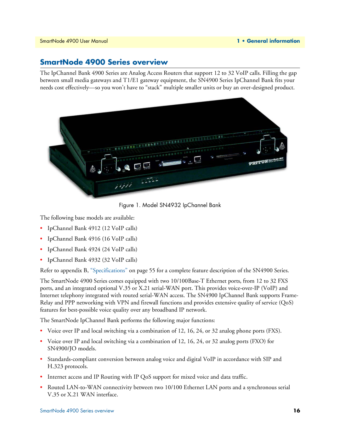 Patton electronic user manual SmartNode 4900 Series overview, Model SN4932 IpChannel Bank 