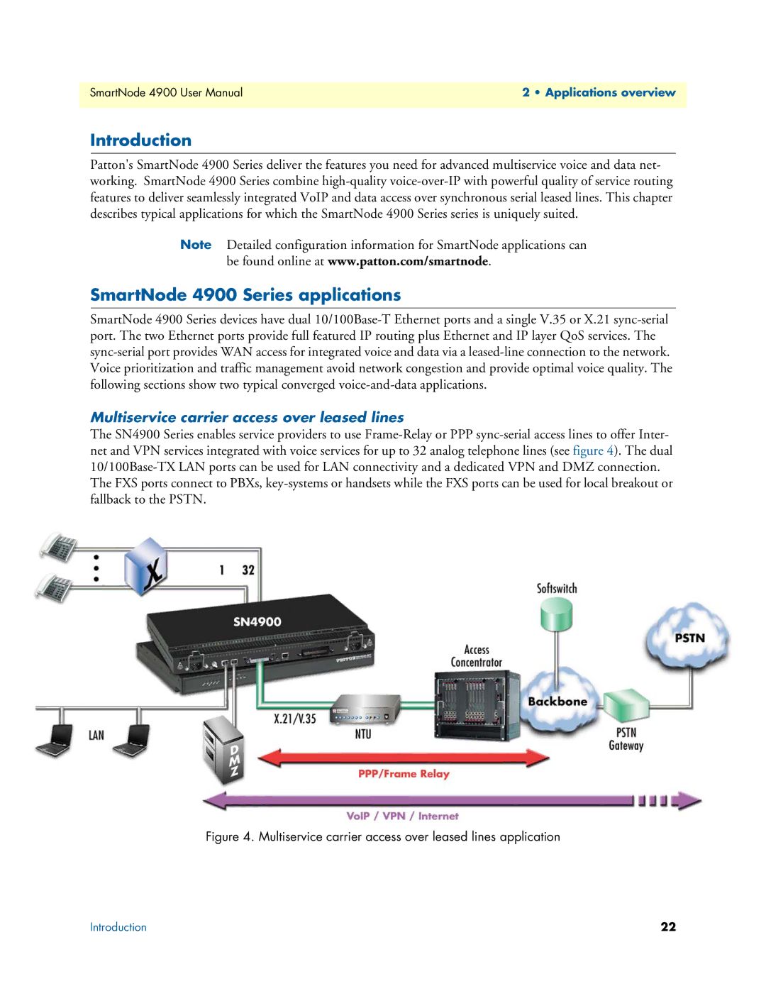 Patton electronic Introduction, SmartNode 4900 Series applications, Multiservice carrier access over leased lines 