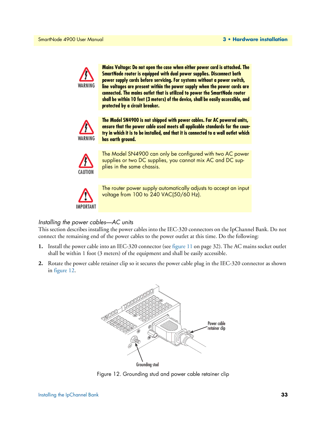 Patton electronic 4900 user manual Installing the power cables-AC units, Grounding stud and power cable retainer clip 