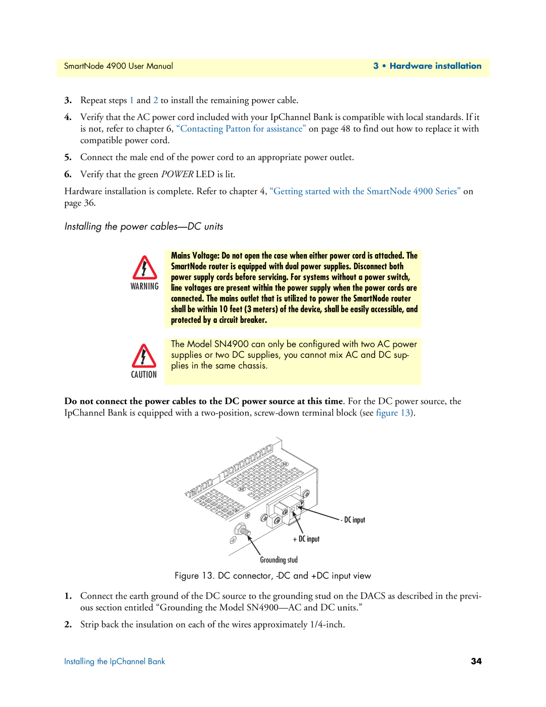 Patton electronic 4900 user manual Installing the power cables-DC units, DC connector, -DC and +DC input view 