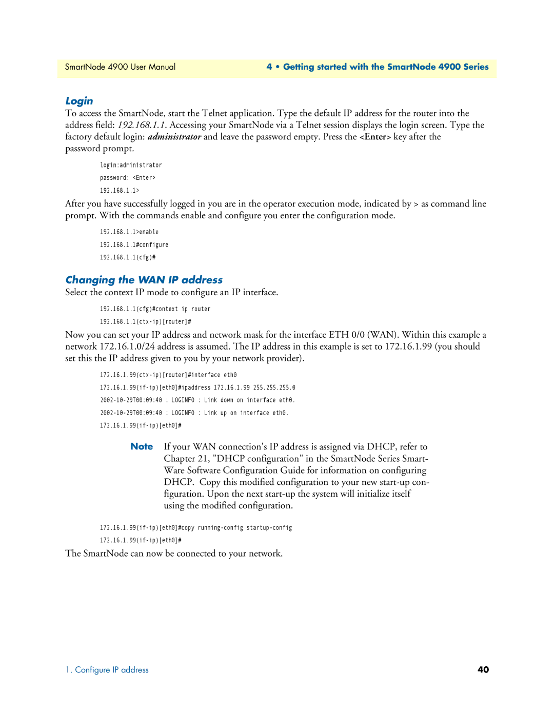 Patton electronic 4900 user manual Login, Changing the WAN IP address 