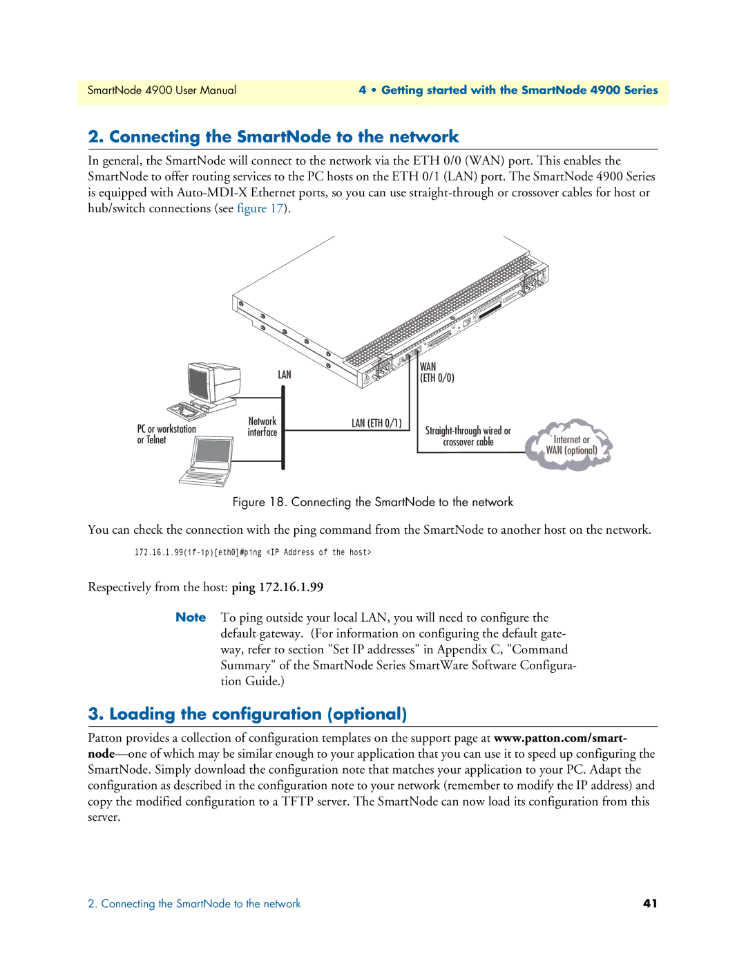 Patton electronic 4900 user manual Connecting the SmartNode to the network, Loading the configuration optional 