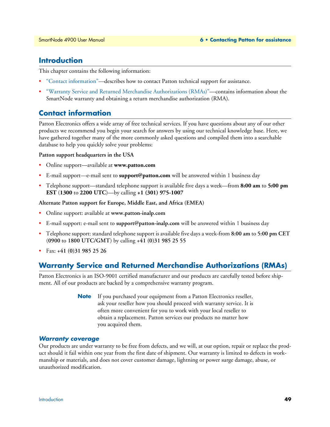 Patton electronic 4900 user manual Contact information, Warranty coverage 