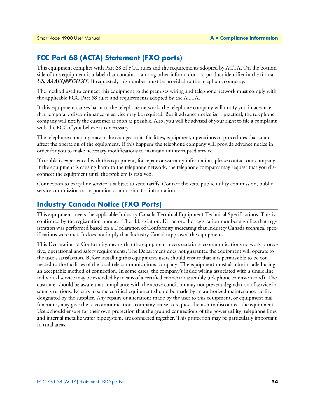 Patton electronic 4900 user manual FCC Part 68 Acta Statement FXO ports, Industry Canada Notice FXO Ports 