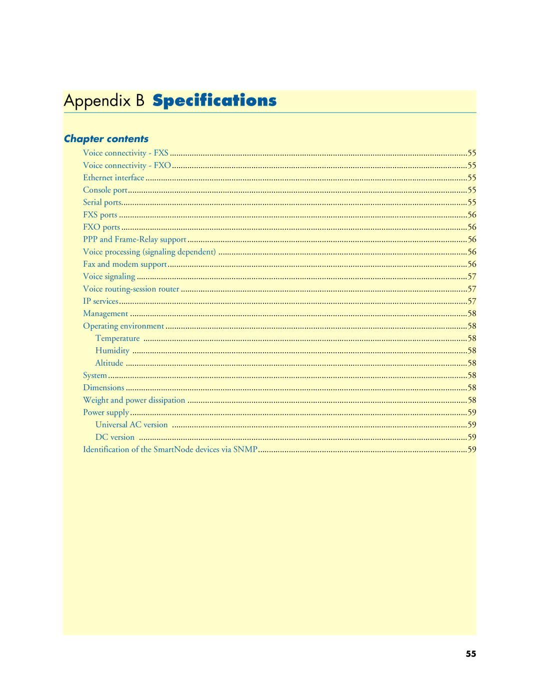 Patton electronic 4900 user manual Appendix B Specifications, Chapter contents 