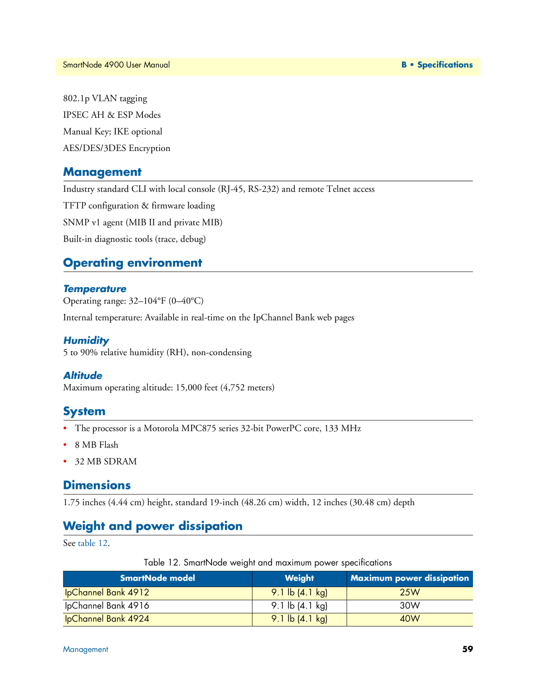 Patton electronic 4900 user manual Management, Operating environment, System, Dimensions, Weight and power dissipation 