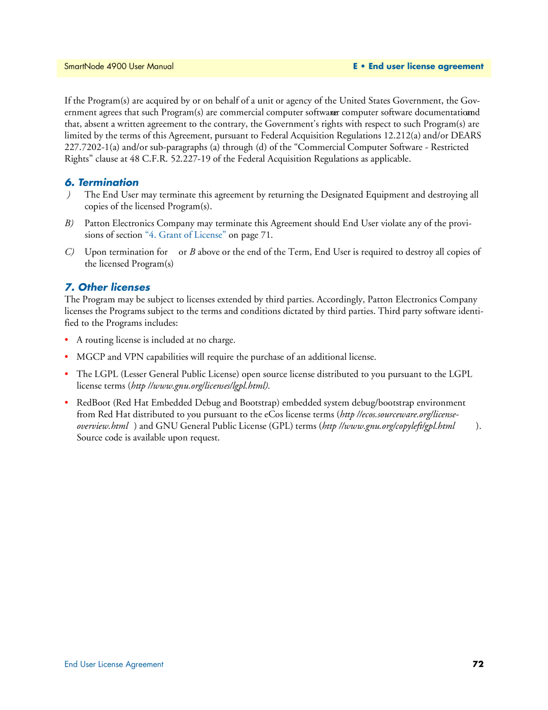 Patton electronic 4900 user manual Termination, Other licenses 