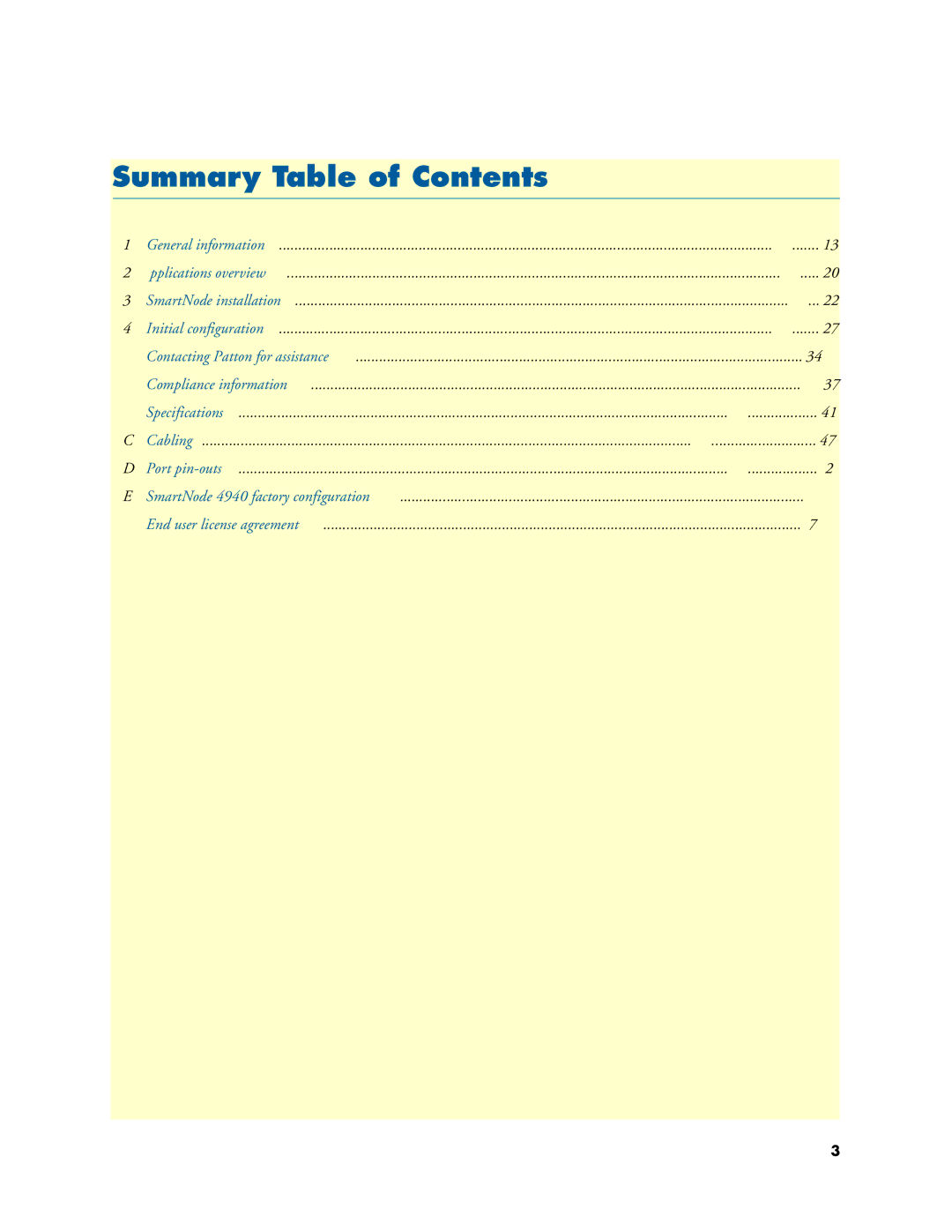 Patton electronic 4940 manual Summary Table of Contents 