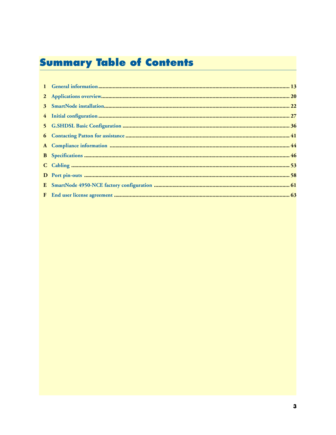 Patton electronic 4950-NCE manual Summary Table of Contents 