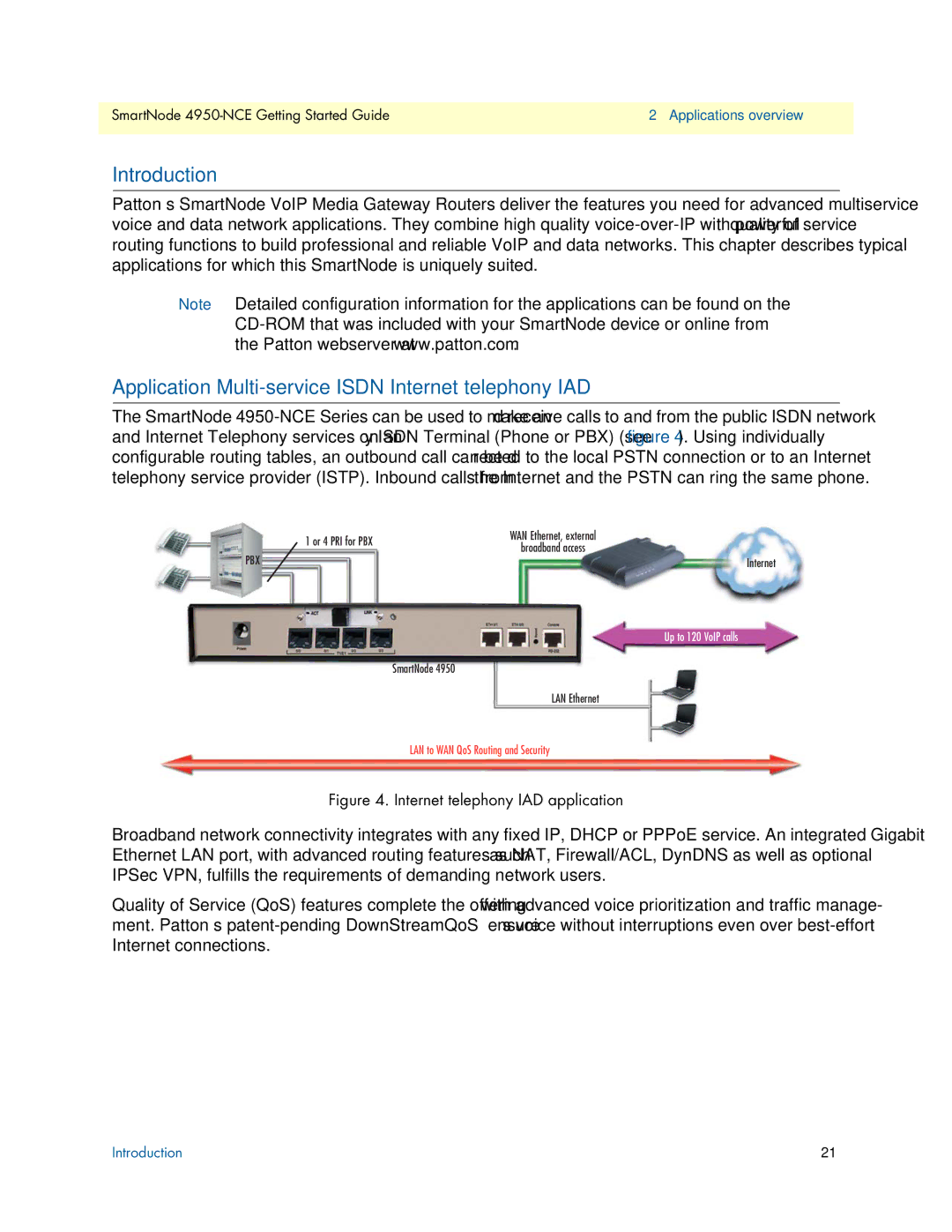 Patton electronic 4950-NCE manual Introduction, Application-Multi-service Isdn Internet telephony IAD 