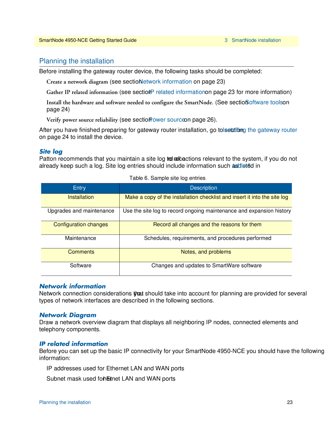 Patton electronic 4950-NCE manual Planning the installation, Site log, Network information, Network Diagram 