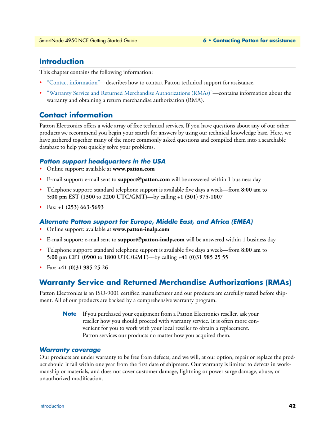 Patton electronic 4950-NCE manual Contact information, Patton support headquarters in the USA, Warranty coverage 