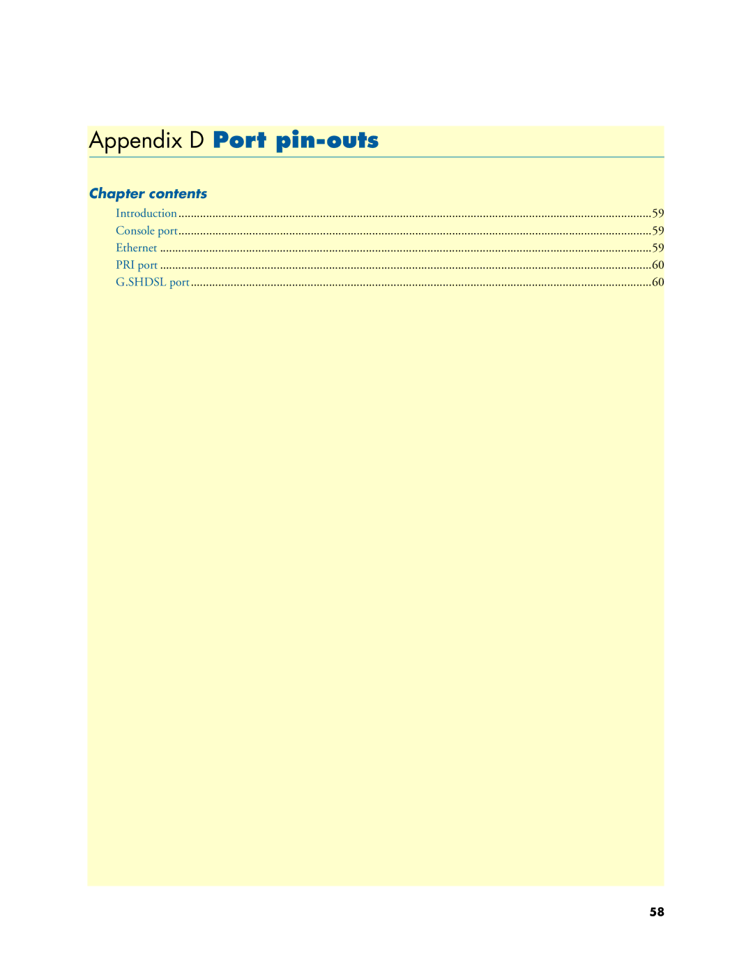 Patton electronic 4950-NCE manual Appendix D Port pin-outs, Chapter contents 