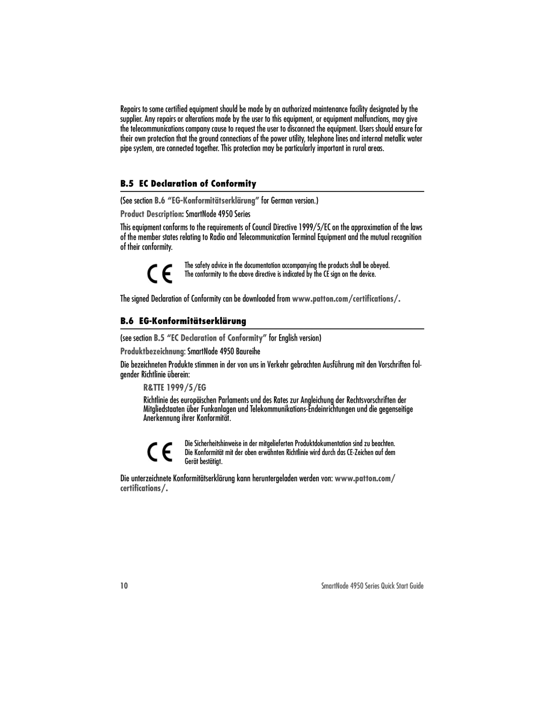 Patton electronic 4950 quick start EC Declaration of Conformity, EG-Konformitätserklärung 