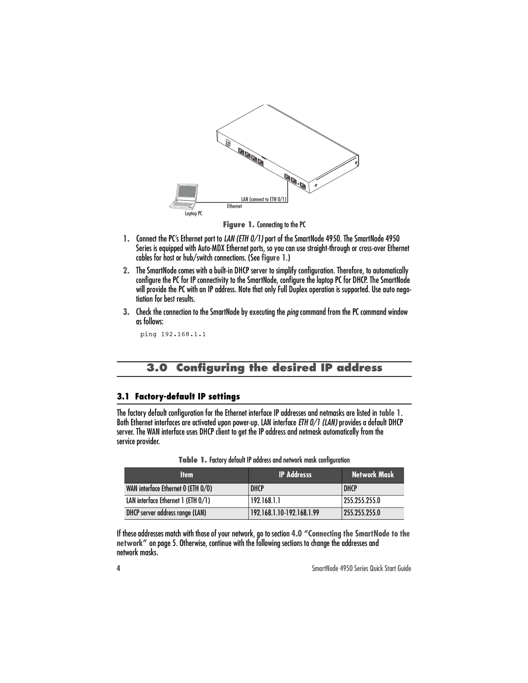 Patton electronic 4950 quick start Configuring the desired IP address, Factory-default IP settings 