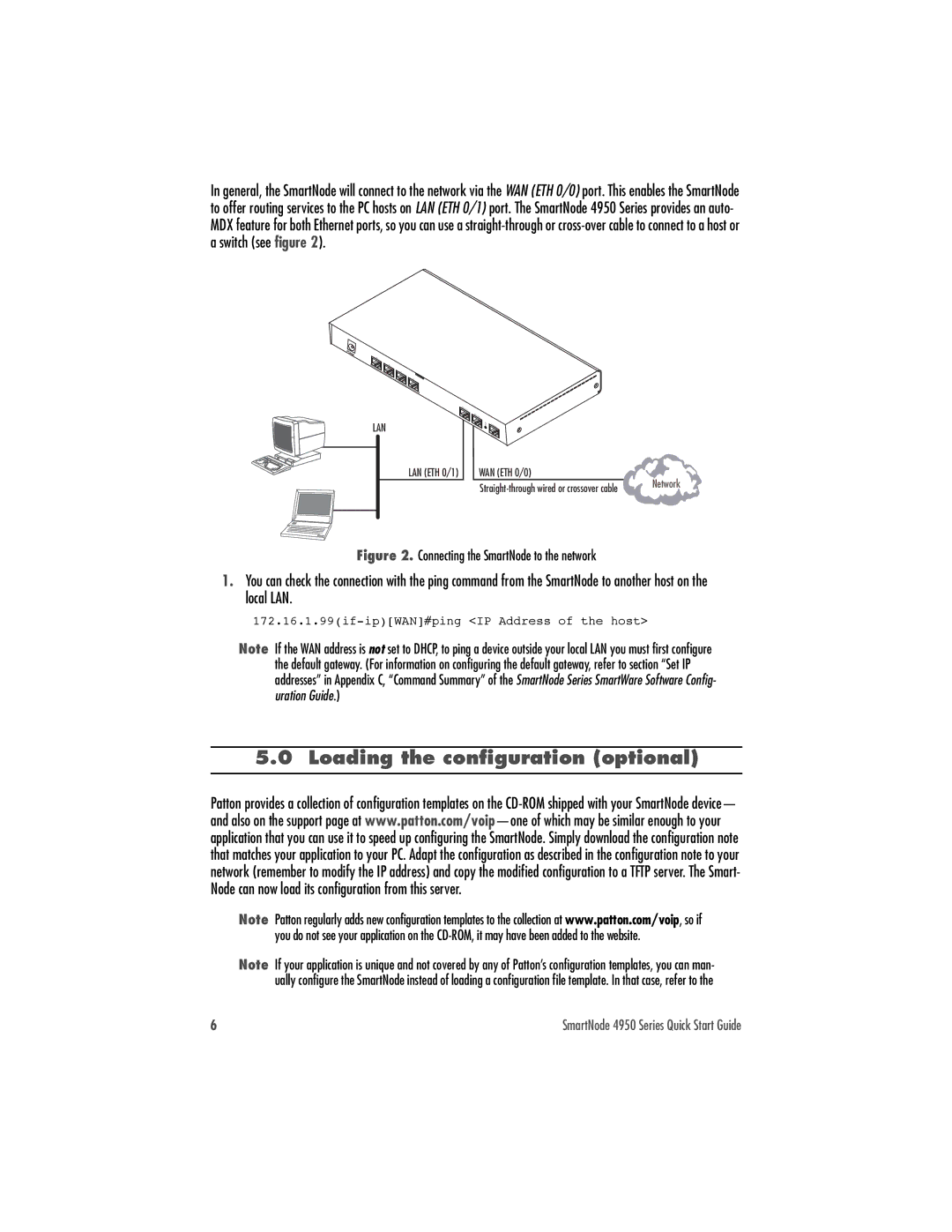 Patton electronic 4950 quick start Loading the configuration optional, Connecting the SmartNode to the network 