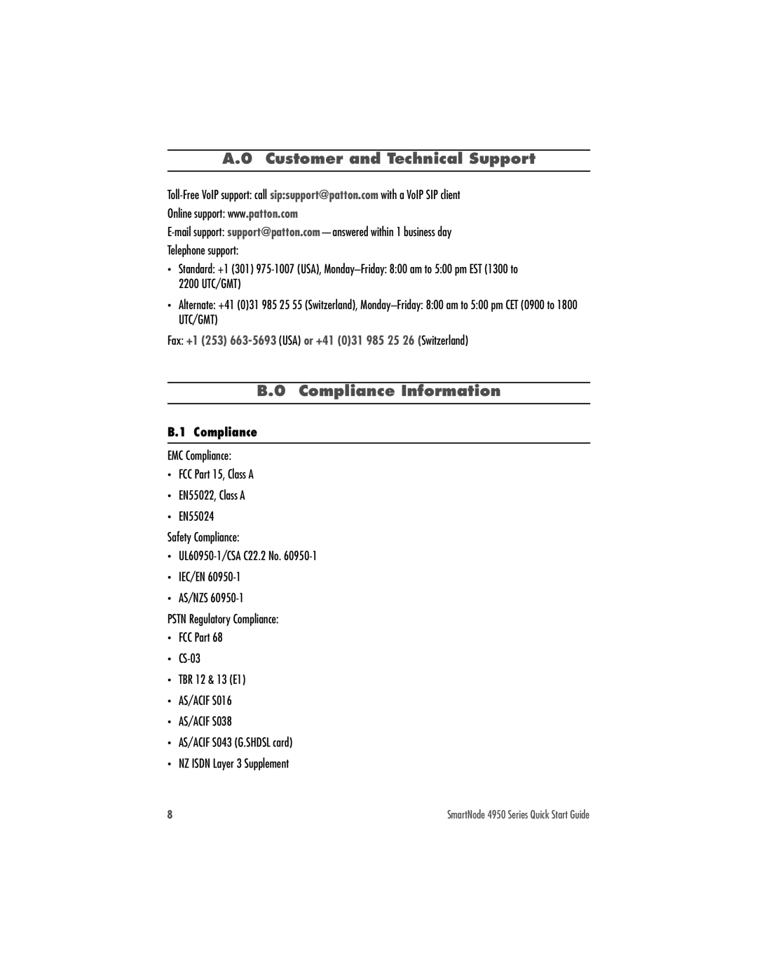 Patton electronic 4950 quick start Customer and Technical Support, Compliance Information 