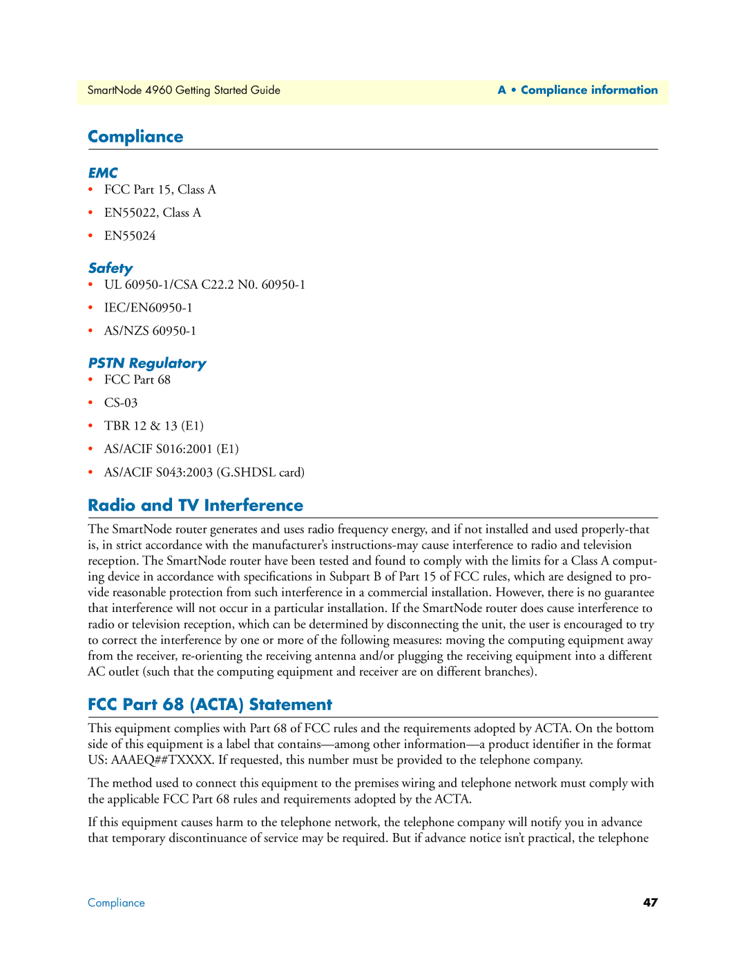 Patton electronic 4960 Series Compliance, Radio and TV Interference, FCC Part 68 Acta Statement, Safety, Pstn Regulatory 