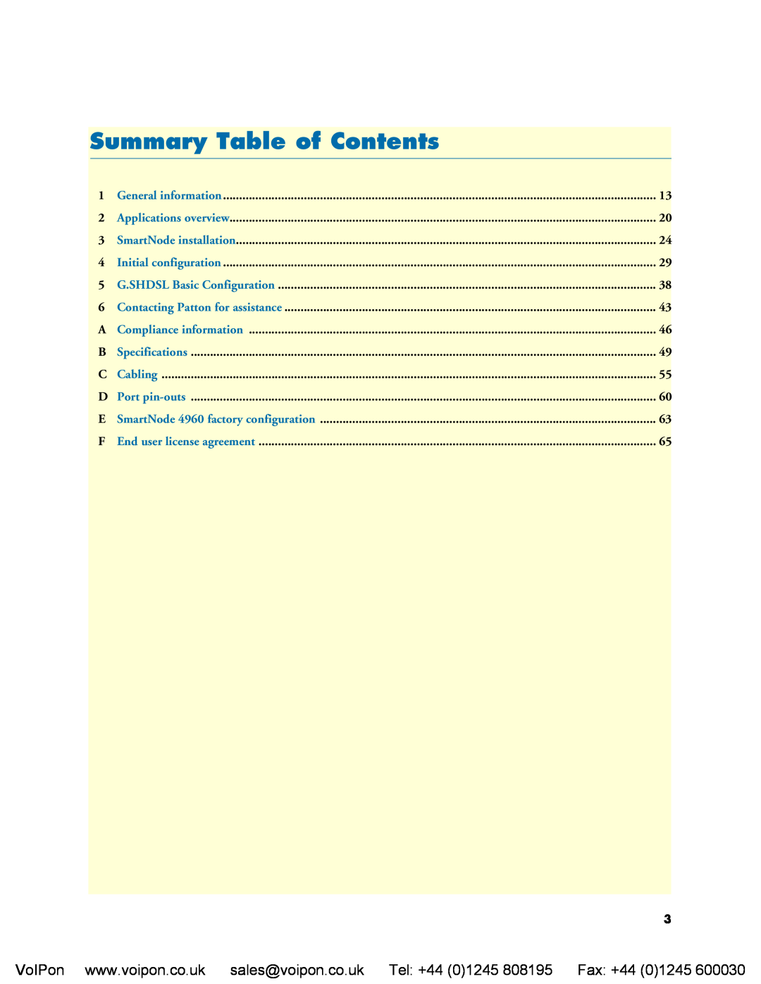 Patton electronic 4960 manual Summary Table of Contents 