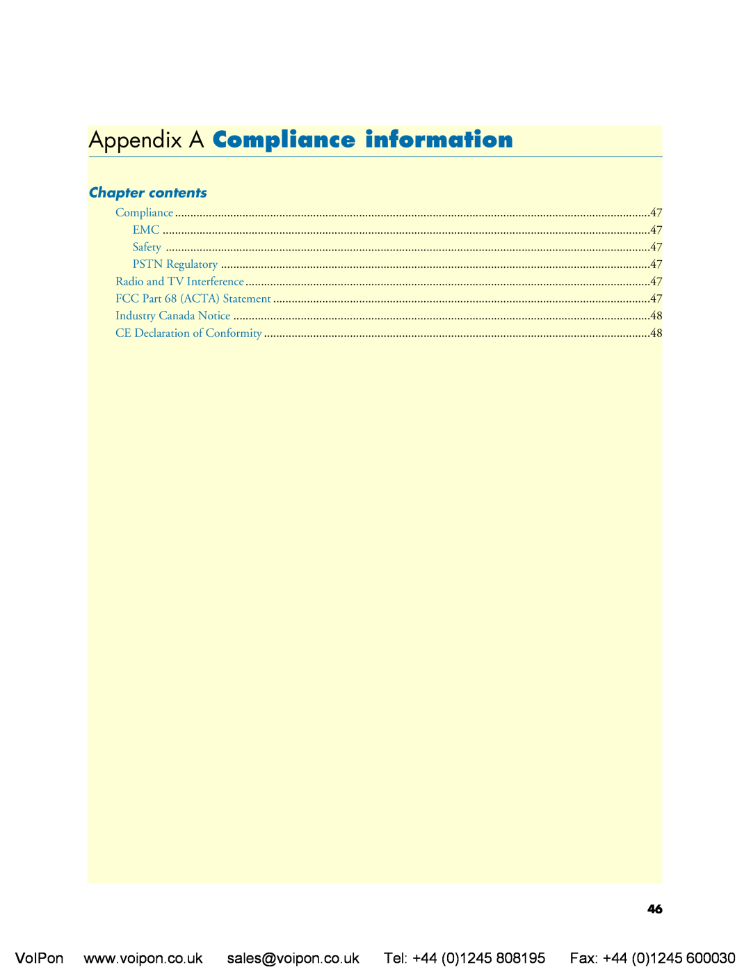 Patton electronic 4960 manual Appendix A Compliance information, Chapter contents, Safety, PSTN Regulatory 